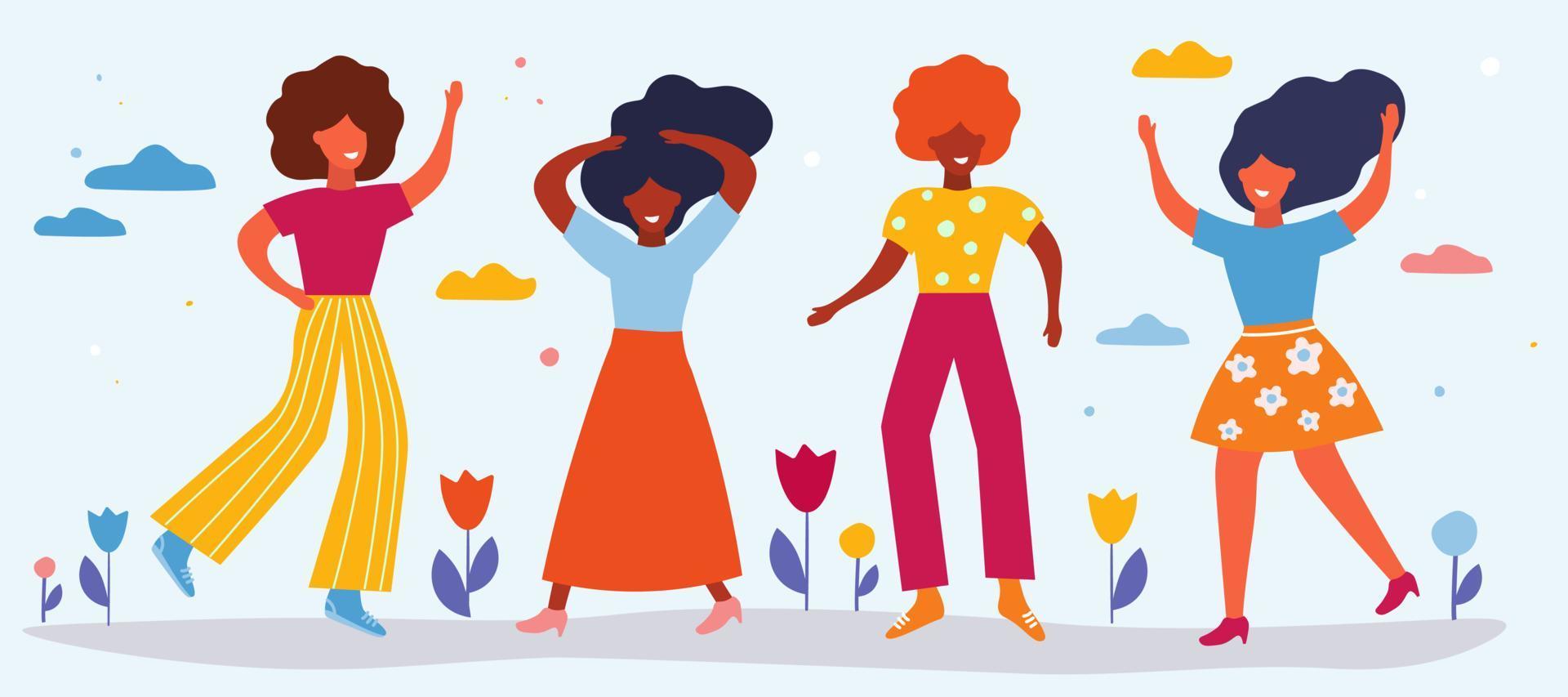 Beautiful women dance, rejoice, make friends. Happy bright females in spring on a background of flowers. Simple flat graphics. vector