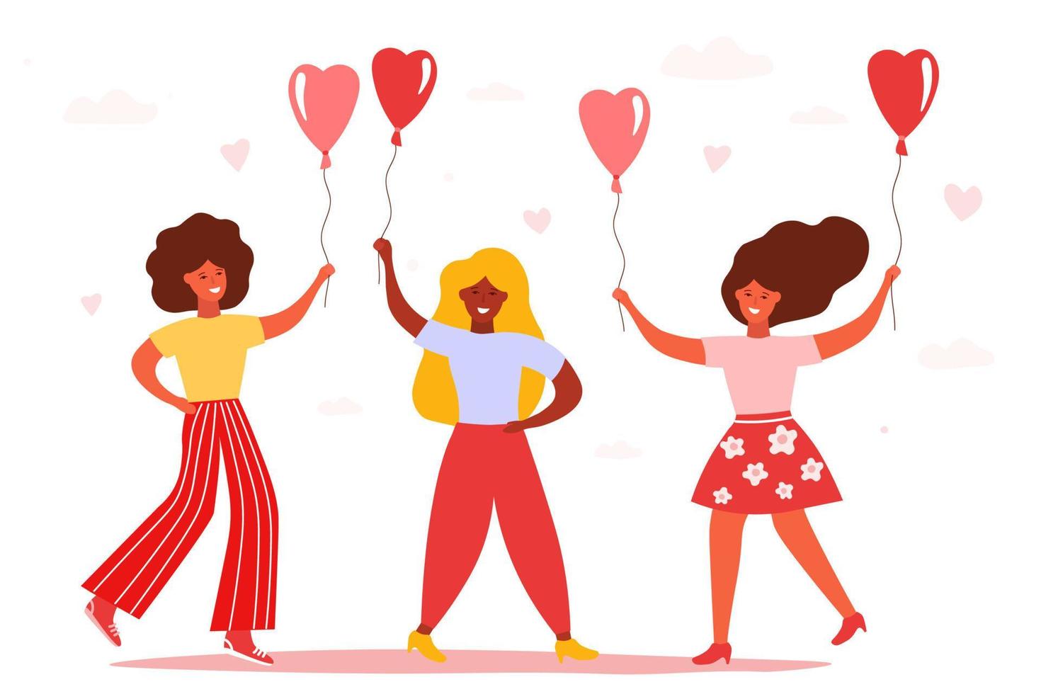 Beautiful cheerful women dance, rejoice with balloons. Happy bright females in spring against the background of hearts, clouds. Simple flat graphics. vector