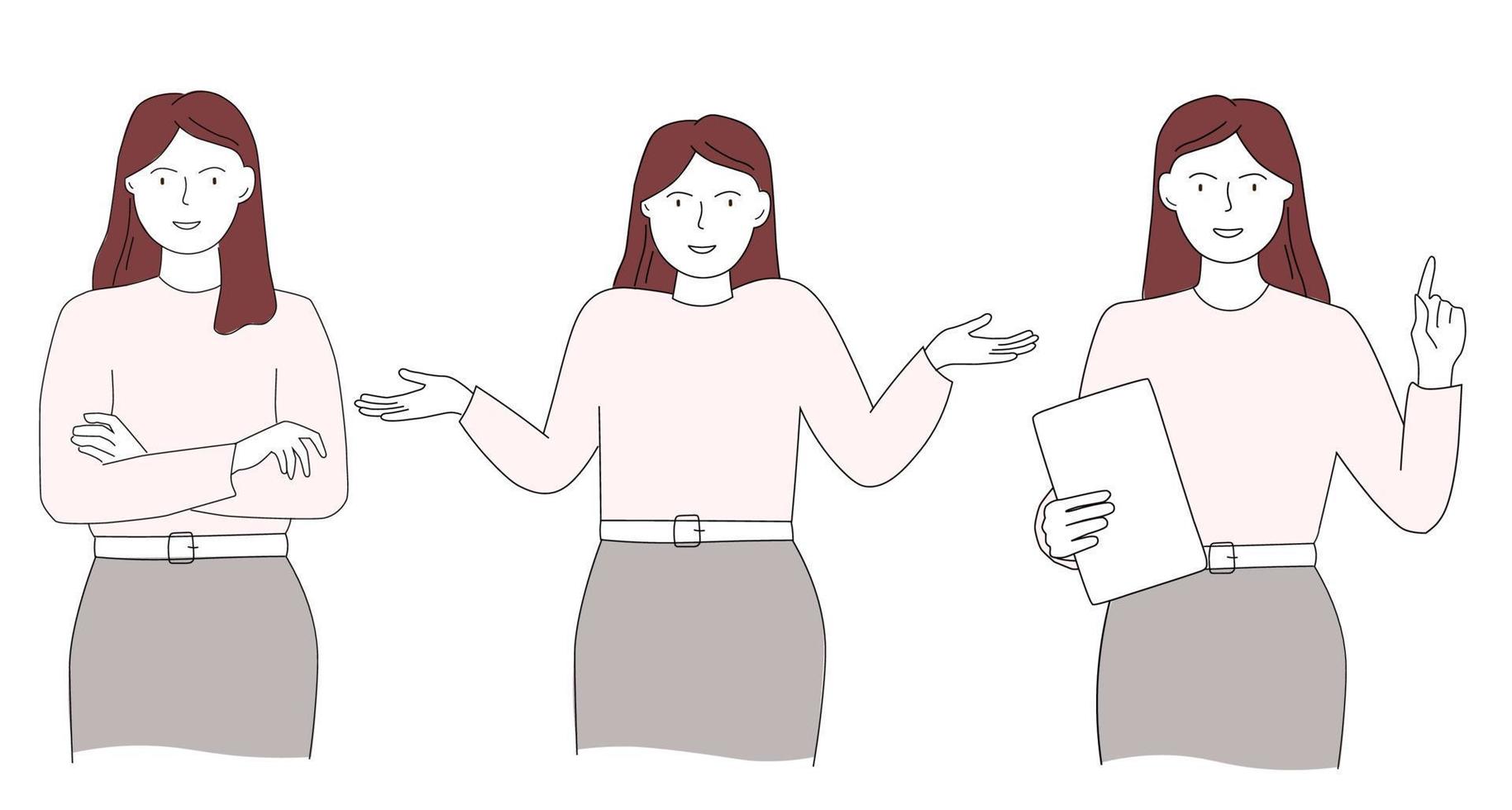 The girl spreads her arms to the sides, crosses them, thinks she has a problem. Human poses. The character makes a presentation. Vector graphics.