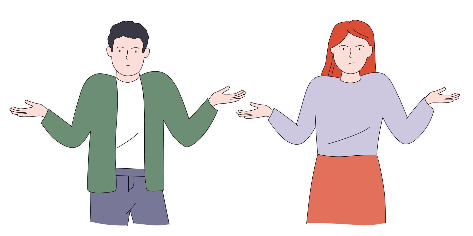 The man and woman spreads his arms to the sides, thinks, has a problem, makes a choice. Human poses. Vector graphics.