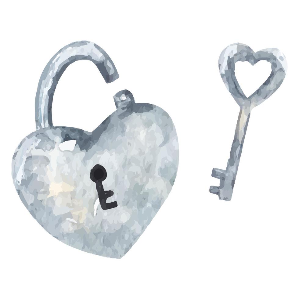 Hand drawn watercolor lock heart shaped and key. Watercolour illustration for Valentines day, card, print, logo, sticker. vector