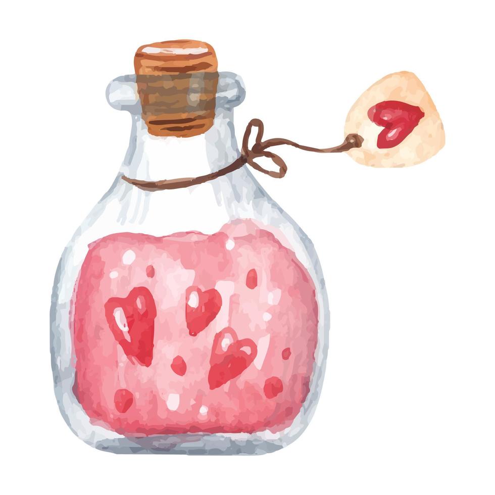 Hand drawn watercolor bottle with love poison. Symbol of romance, love, valentine day for cards, stickers, logo, invitations. vector