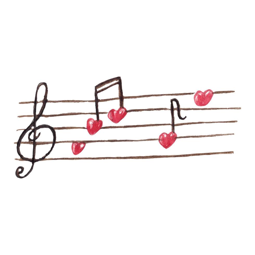 Watercolor musical notation with heart shaped notes. Hand drawn watercolour music symbols for Valentines day, print, card, sticker. vector