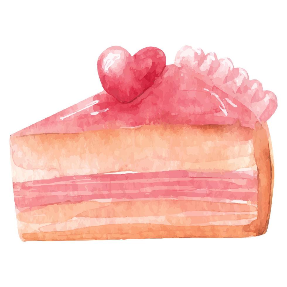 Hand drawn watercolor pink cake with heart. Sweet food, delicious dessert for card, print, logo, sticker. vector