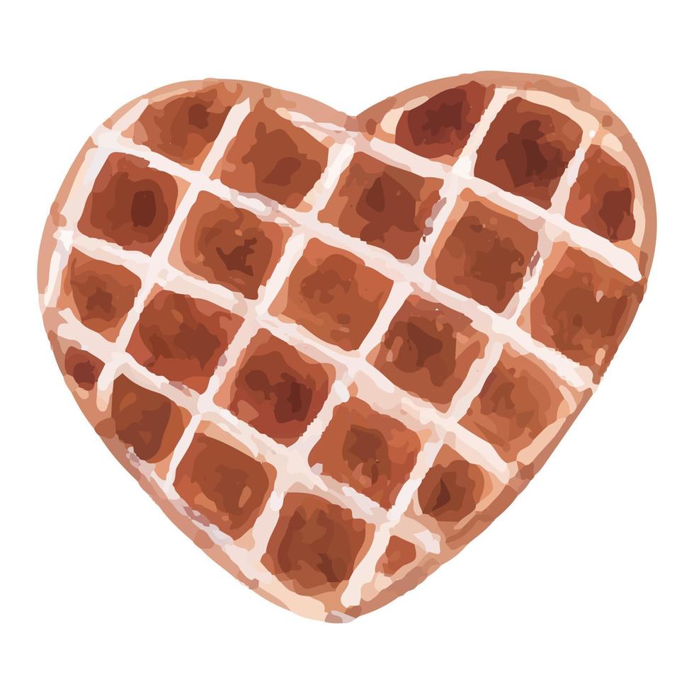 Watercolor crispy heart-shaped wafer. Hand drawn watercolour illustration of tasty waffle, design element for menu, greeting card, print, sticker, poster. vector