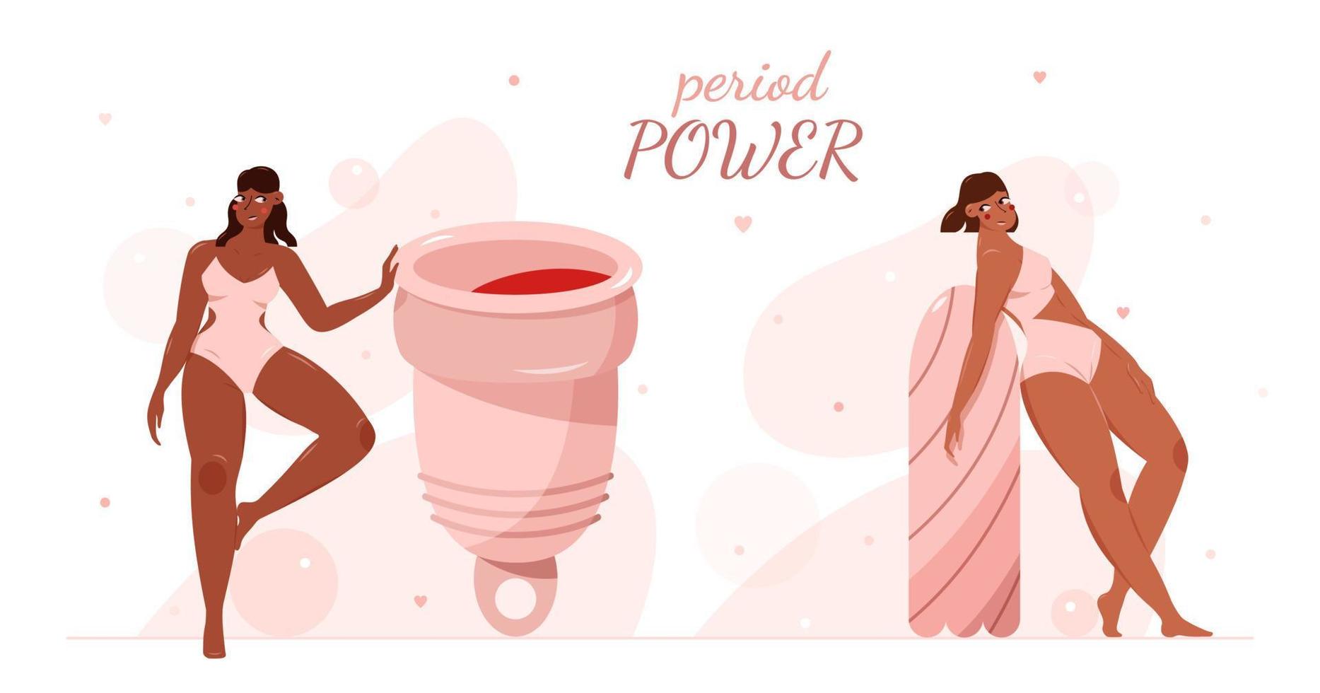 Menstrual cup and tampon. Period power. Beautiful women and hygiene accessories. vector