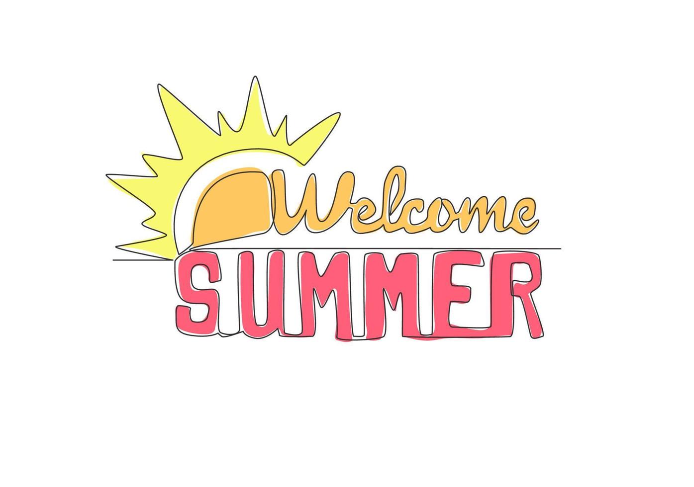 Single continuous line drawing of cute cool greeting typography quote - Welcome Summer. Calligraphic design for print, greeting card, banner, poster. One line graphic draw design vector illustration