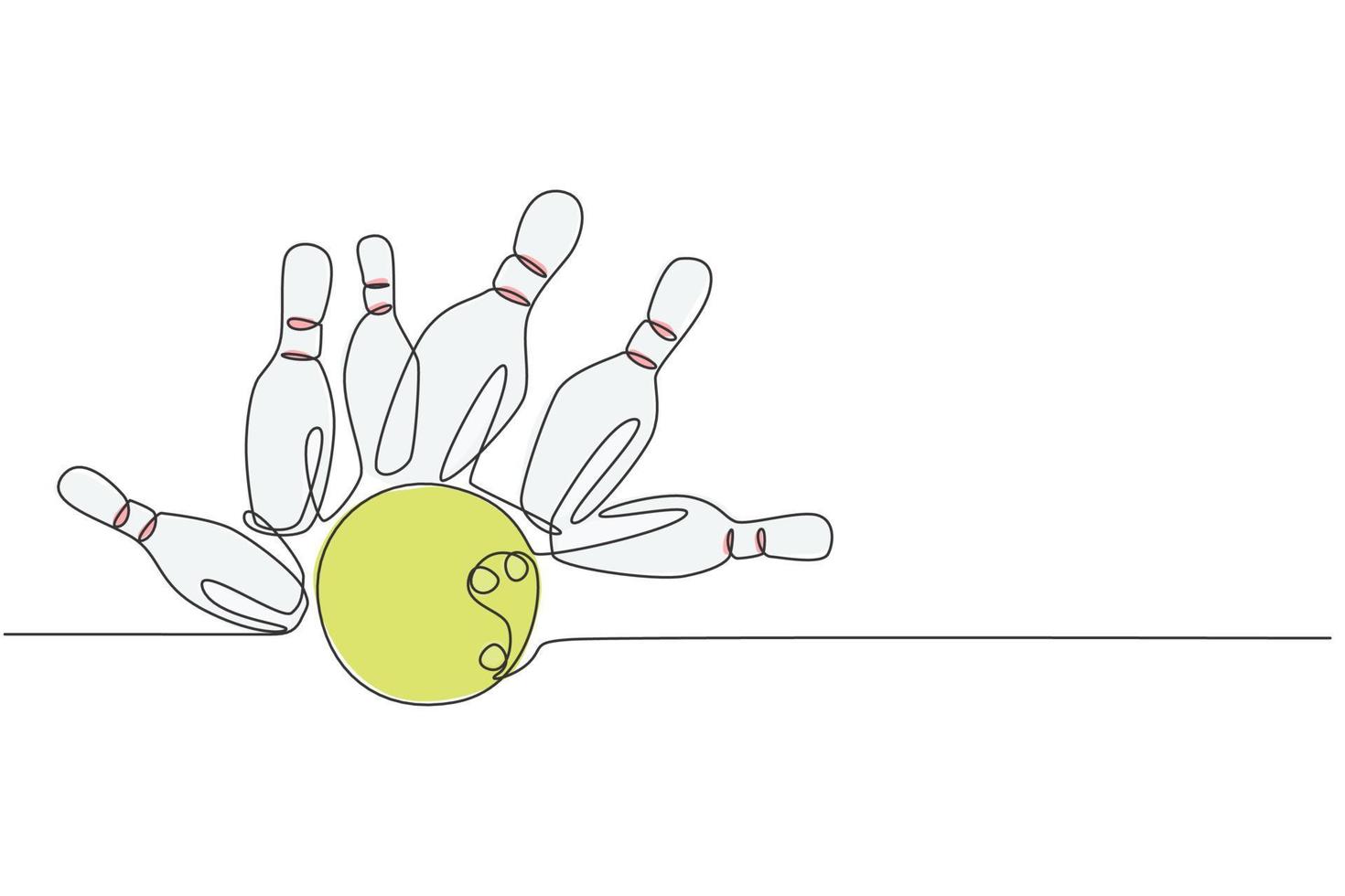 One single line drawing of bowling pins falling apart hit by bowling ball at alley lane graphic vector illustration. Leisure activity and game sport concept. Modern continuous line draw design
