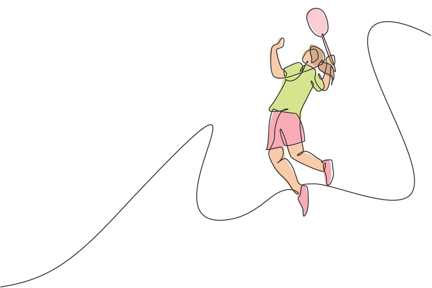 One single line drawing of young energetic badminton player jumping and smash shuttlecock vector illustration. Healthy sport concept. Modern continuous line draw design for badminton tournament poster