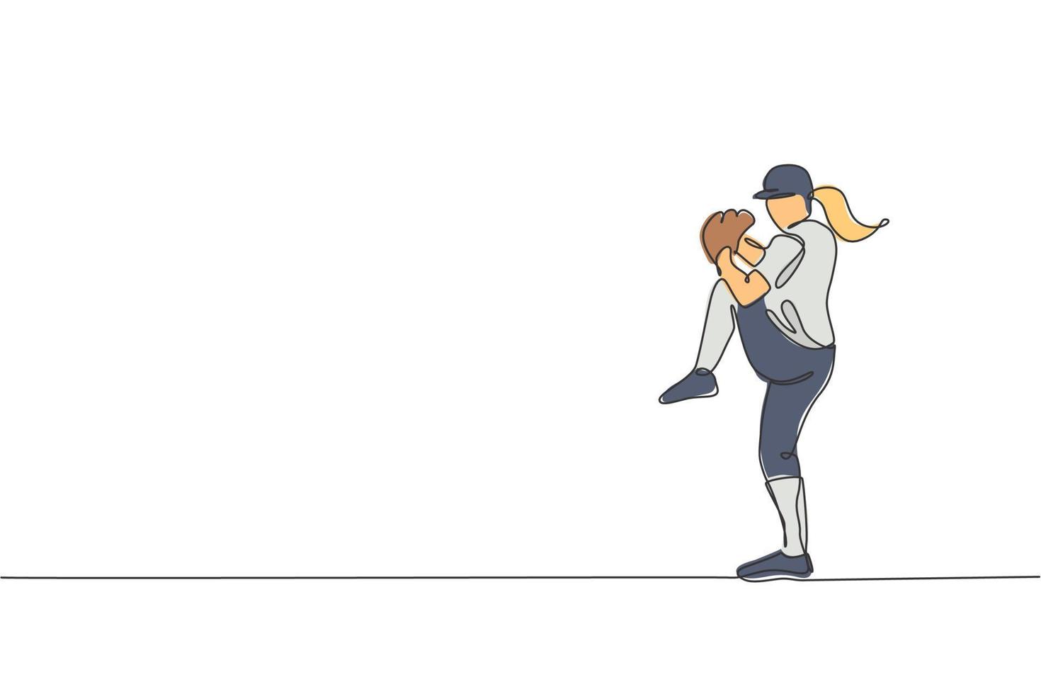 Single continuous line drawing of young agile woman baseball player practice to throw the ball. Sport exercise concept. Trendy one line draw design vector illustration for baseball promotion media