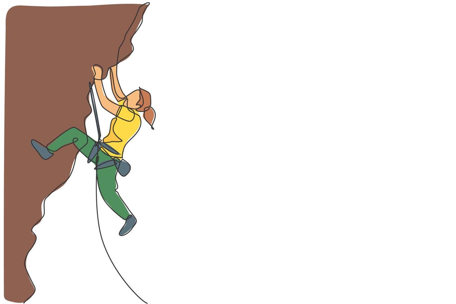 One single line drawing young active woman climbing on cliff mountain holding safety rope vector illustration graphic. Extreme outdoor sport and bouldering concept. Modern continuous line draw design