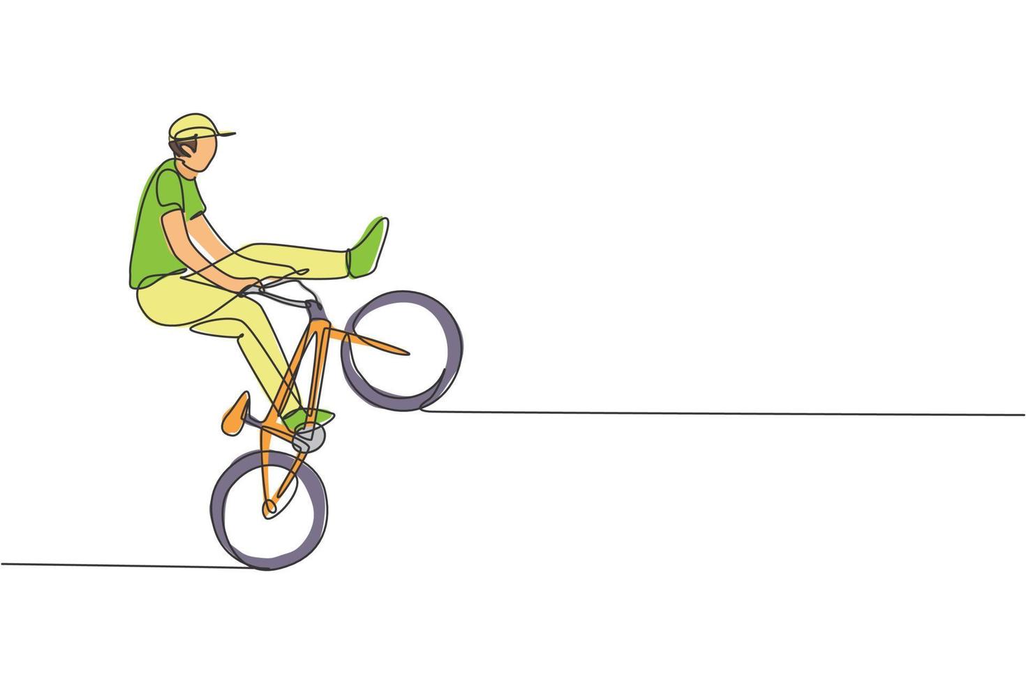One continuous line drawing of young BMX bicycle rider performing dangerous trick at skatepark. Extreme sport concept vector illustration. Dynamic single line draw design for event promotion poster