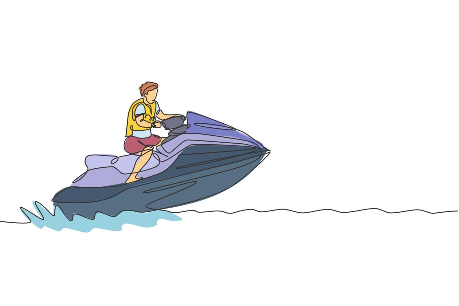 dibujo de una sola línea continua de un joven turista deportivo jugando jet ski en el mar. concepto de deporte marino extremadamente peligroso. vacaciones de verano. ilustración de vector de diseño de dibujo de una línea de moda