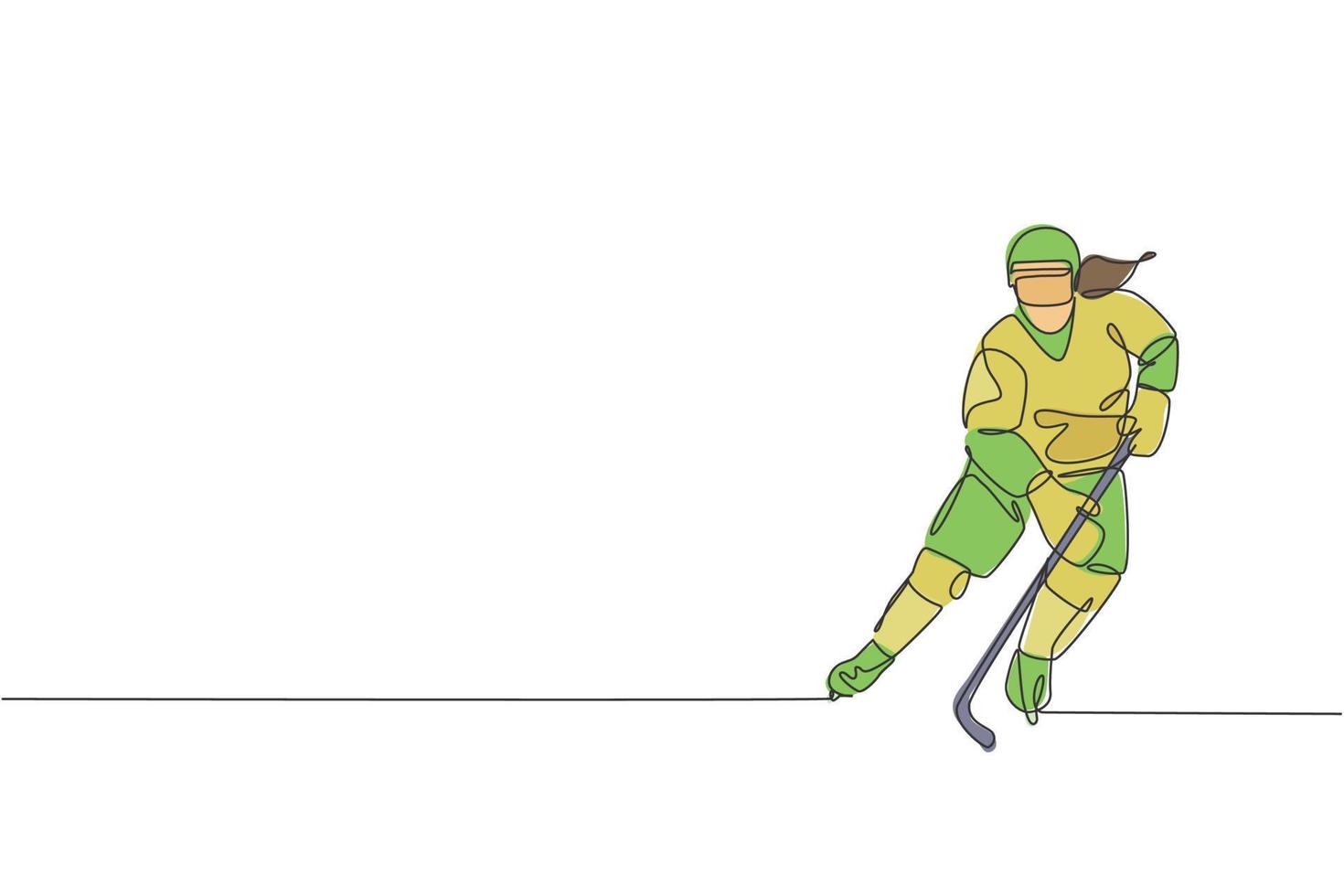 dibujo de una sola línea continua de un joven jugador profesional de hockey sobre hielo golpeó el disco y atacó en la arena de la pista de hielo. concepto de deporte extremo de invierno. Ilustración de vector de diseño gráfico de dibujo de una línea de moda