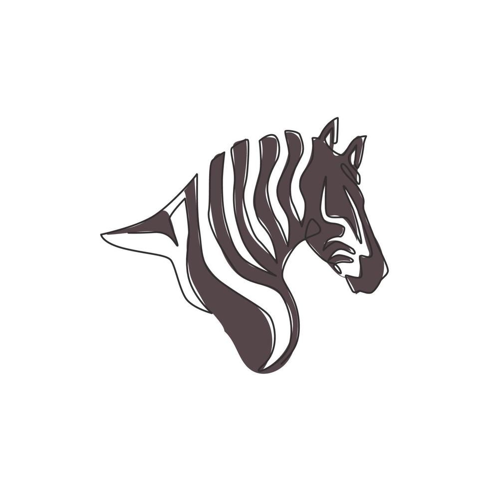 One single line drawing of zebra head for national park zoo safari logo identity. Typical horse from Africa with stripes concept for kids playground mascot. Continuous line draw design illustration vector