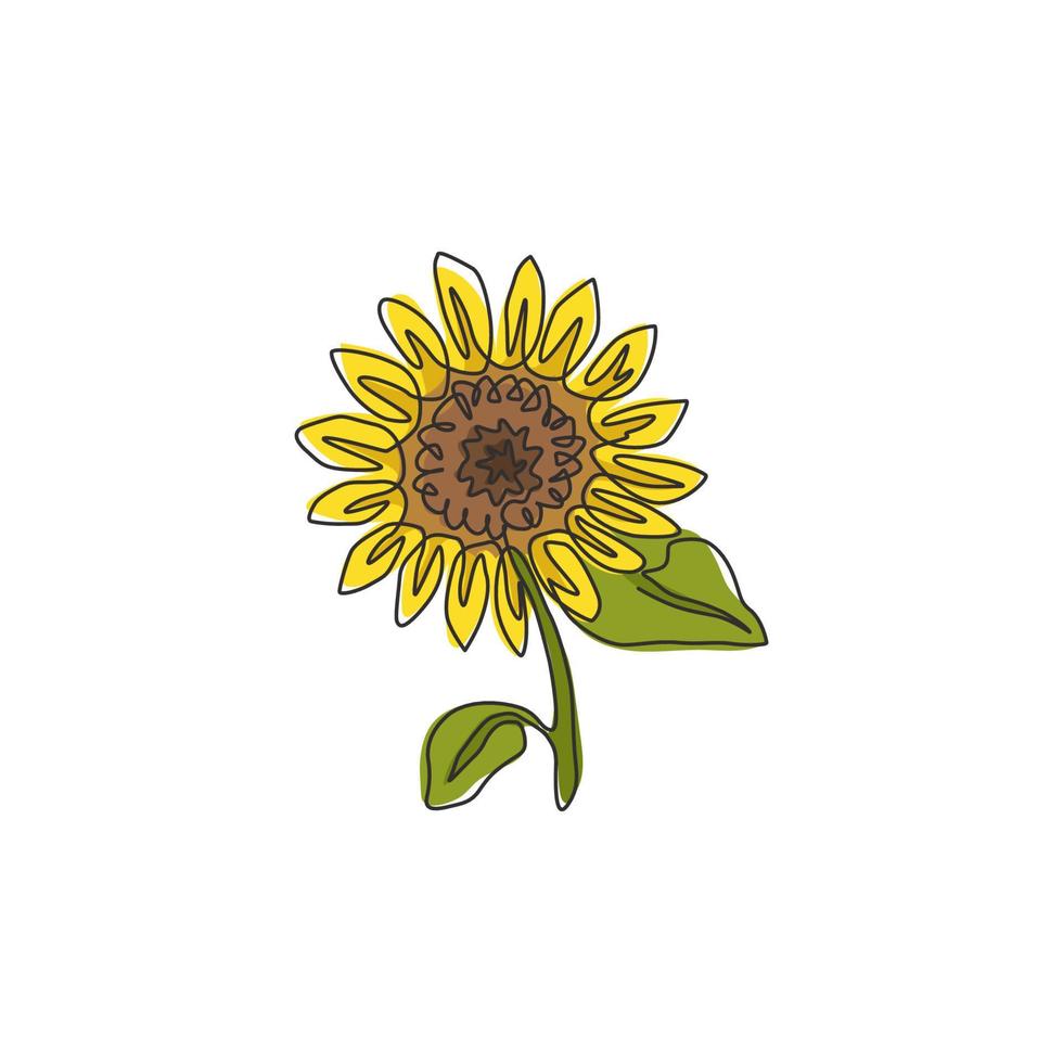 One continuous line drawing of beauty fresh sunflower for park logo. Printable poster decorative helianthus spring flower concept home wall decor. Modern single line draw design vector illustration