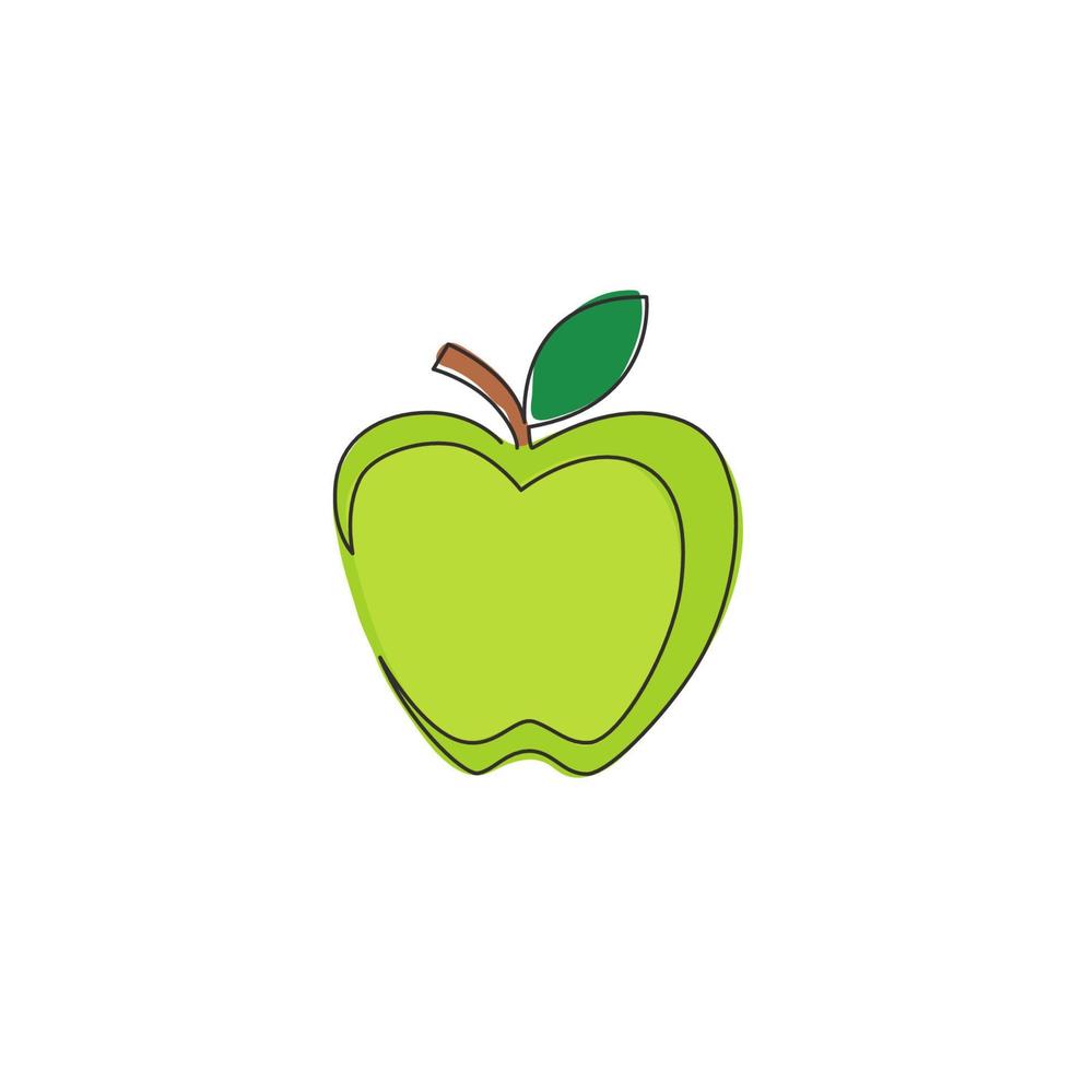 One continuous line drawing whole healthy organic apple for orchard logo identity. Fresh nutritious fruitage concept for fruit garden icon. Modern single line draw design graphic vector illustration