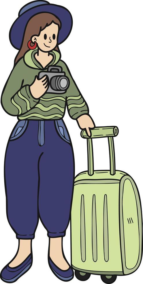Hand Drawn Female tourists taking pictures with suitcases illustration in doodle style vector