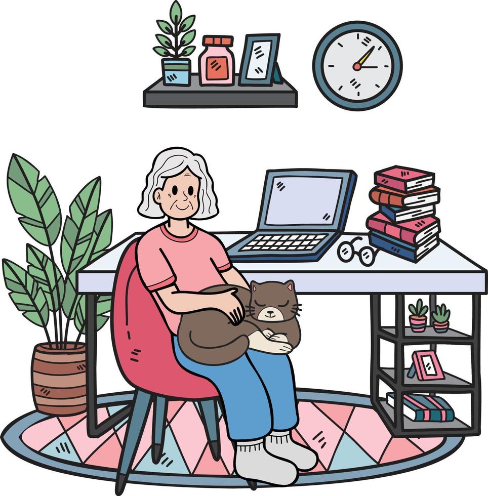 Hand Drawn Elderly holding a cat illustration in doodle style vector
