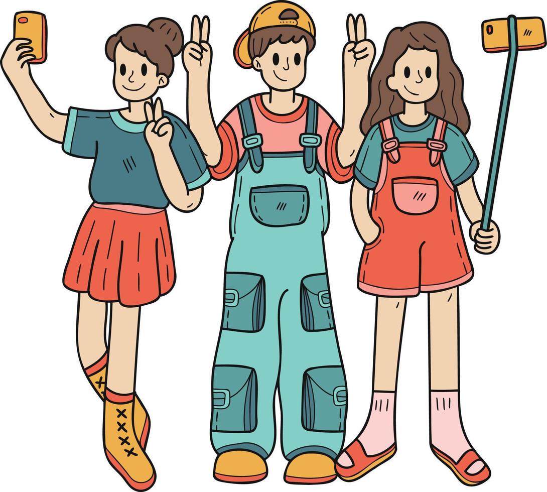 Hand Drawn group of tourists taking a selfie illustration in doodle style vector