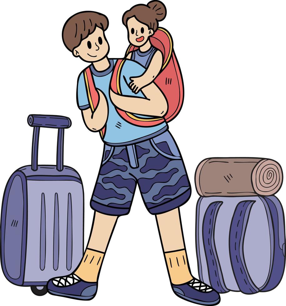 Hand Drawn Male tourist holding baby with travel bag illustration in doodle style vector