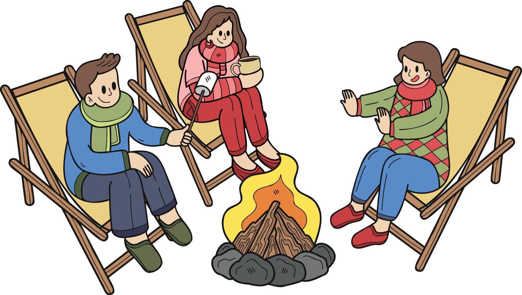 mano dibujado un grupo de turistas sentar por el fuego en el bosque ilustración en garabatear estilo vector