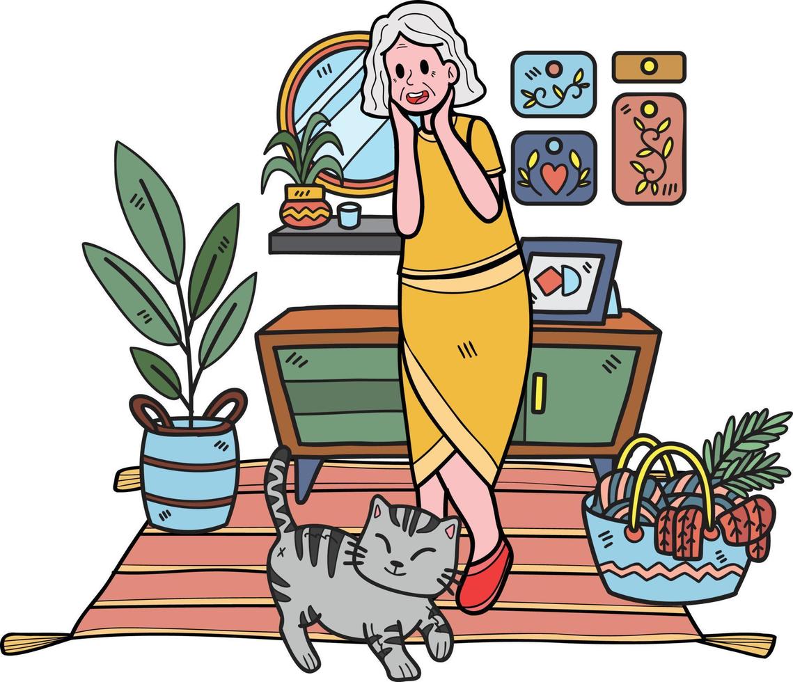 Hand Drawn Elderly play with cat illustration in doodle style vector