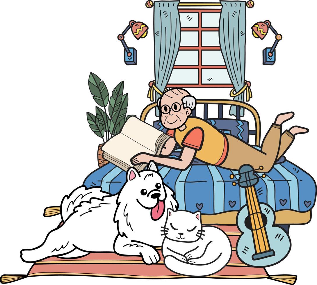 mano dibujado mayor leyendo libros con perros y gatos ilustración en garabatear estilo vector