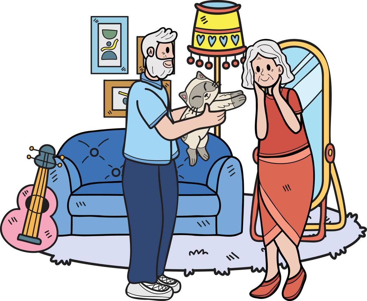 Hand Drawn Elderly holding a cat illustration in doodle style vector