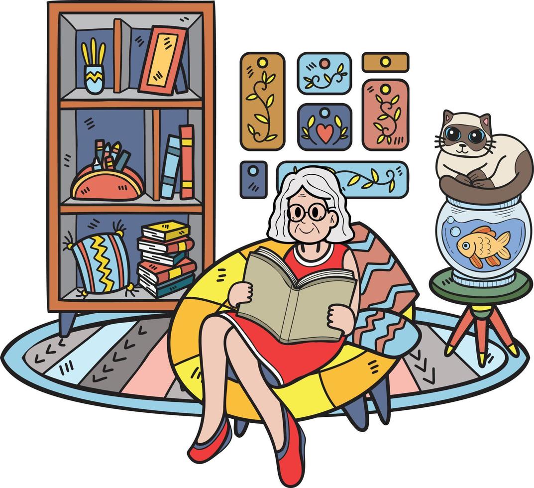 Hand Drawn Elderly reading a book with a cat illustration in doodle style vector