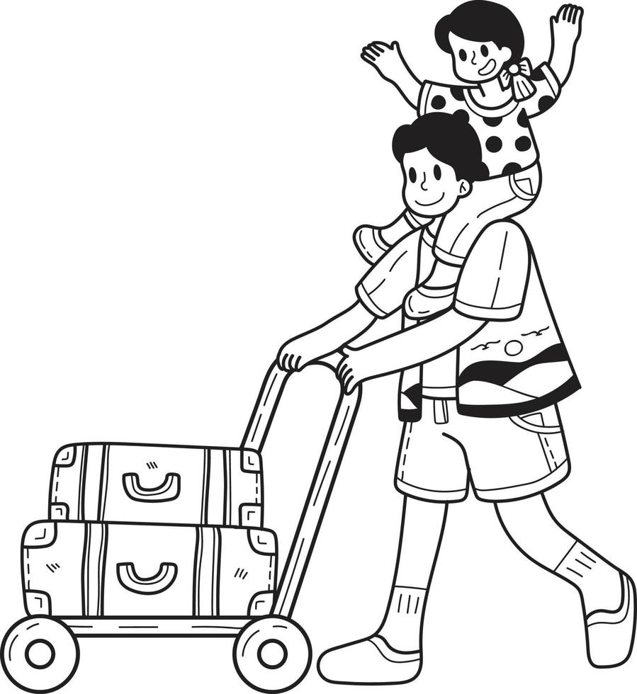 mano dibujado masculino turista participación bebé con viaje bolso ilustración en garabatear estilo vector