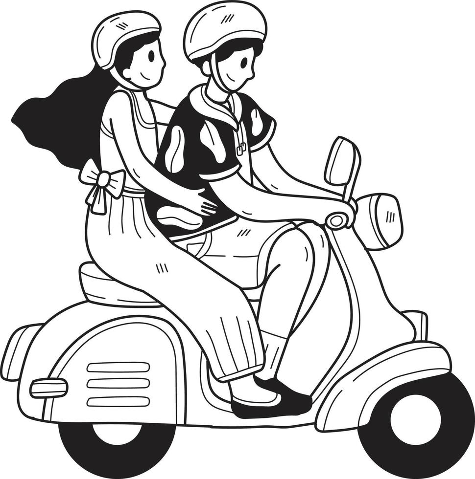 mano dibujado Pareja montando un scooter ilustración en garabatear estilo vector