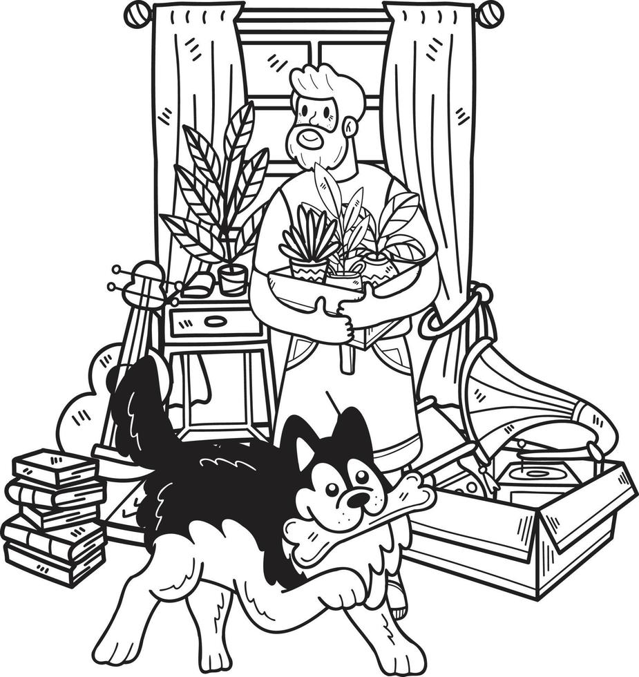 Hand Drawn Elderly cleaning the room with the dog illustration in doodle style vector