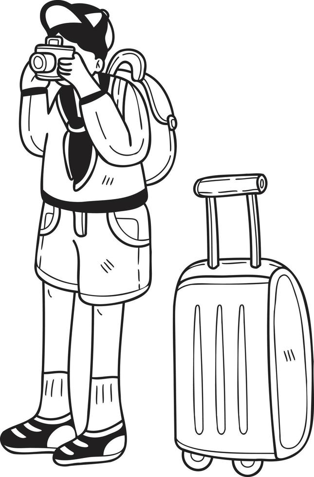 Hand Drawn Male tourist taking pictures with suitcases illustration in doodle style vector