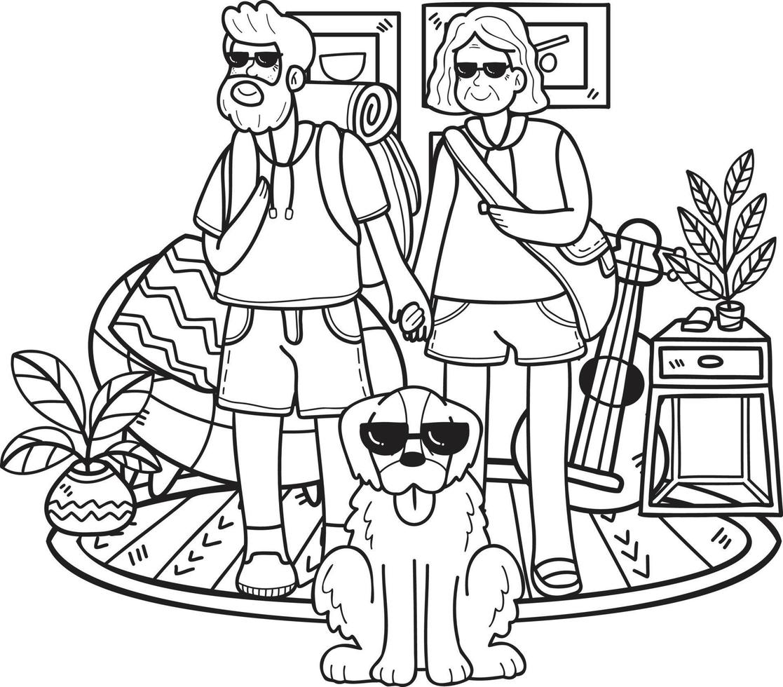 Hand Drawn Elderly traveling with dogs illustration in doodle style vector