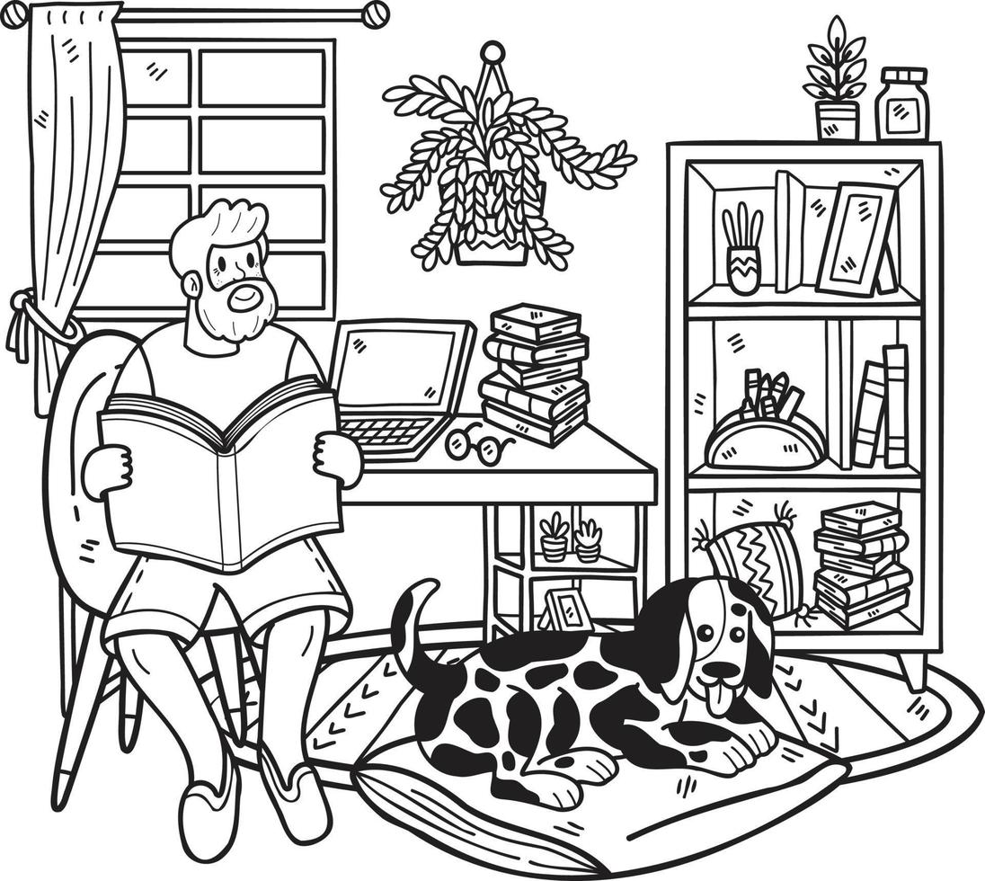 Hand Drawn Elderly reading a book with a dog illustration in doodle style vector