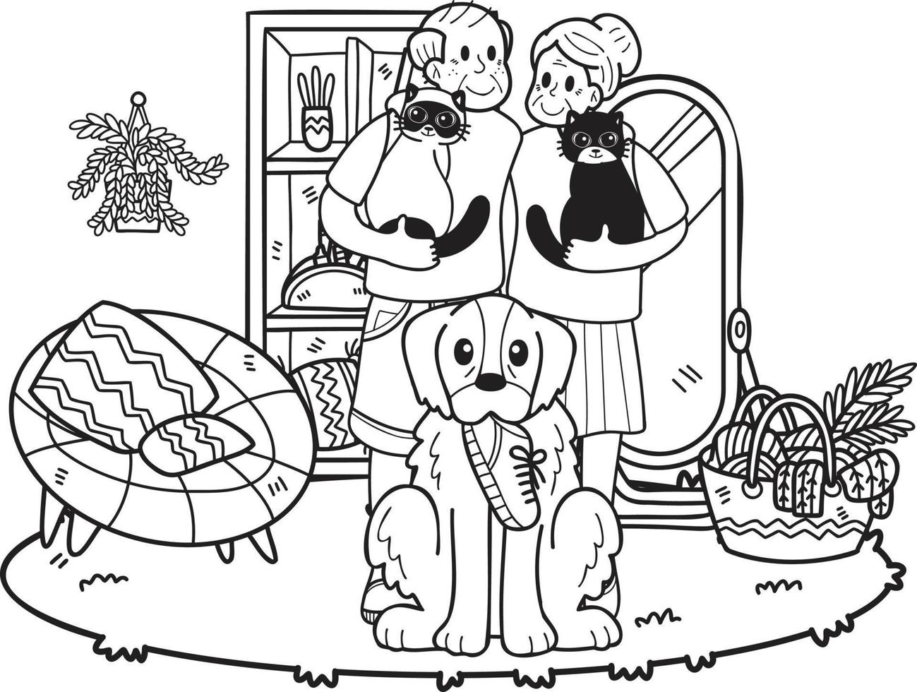 Hand Drawn Elderly play with dogs and cats illustration in doodle style vector