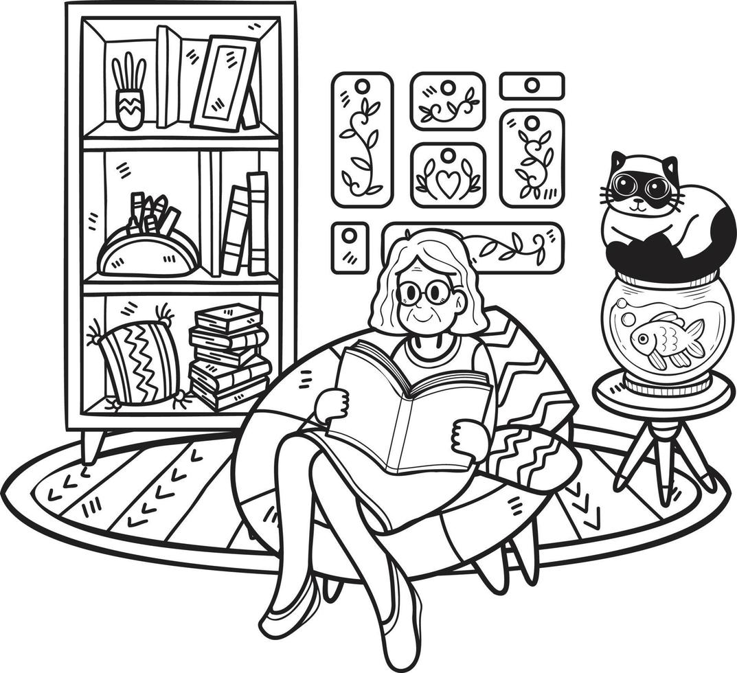 Hand Drawn Elderly reading a book with a cat illustration in doodle style vector