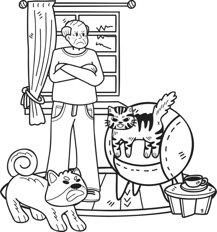 mano dibujado mayor regaño gatos y perros ilustración en garabatear estilo vector