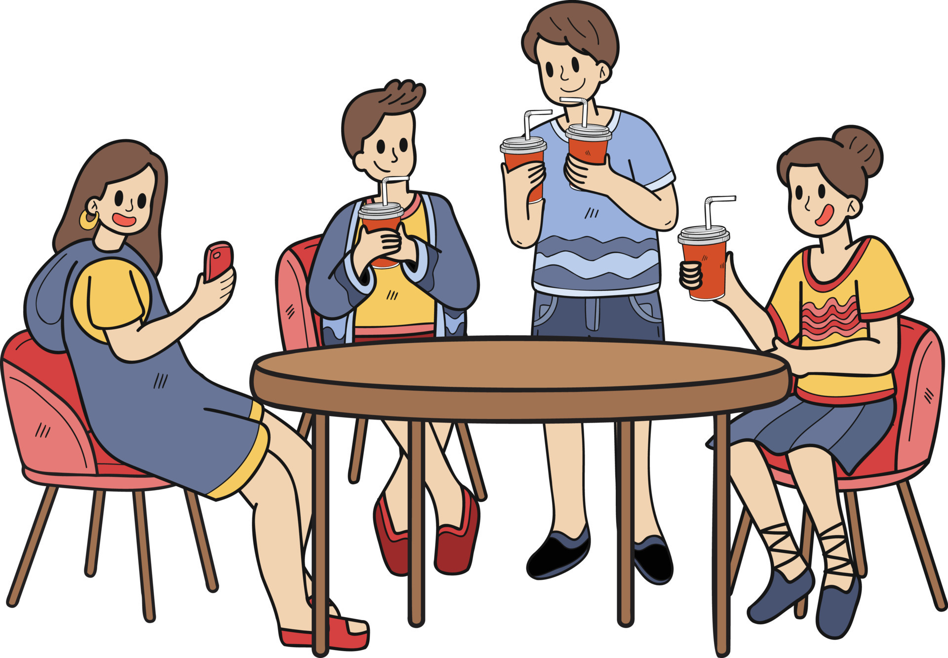 Hand Drawn Group Of Teenagers Drinking Coffee Illustration In Doodle hand-drawn-group-of-teenagers-drinking-coffee-illustration-in-doodle