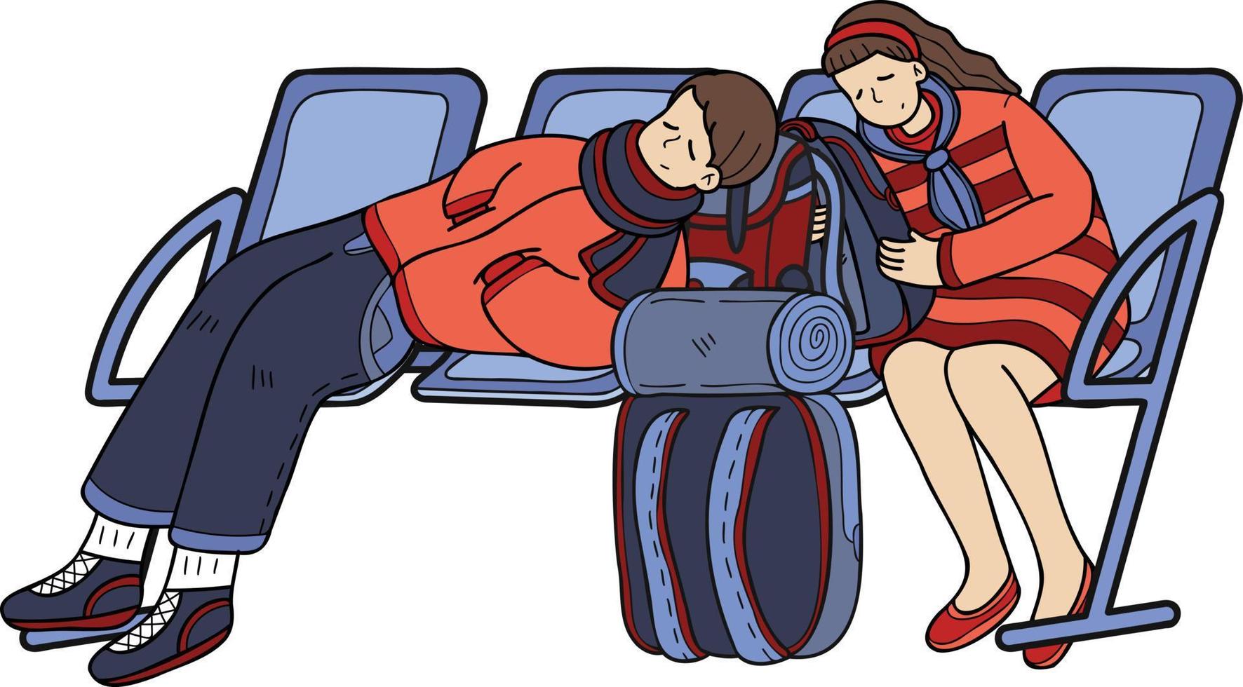 Hand Drawn Tourists waiting for the plane illustration in doodle style vector