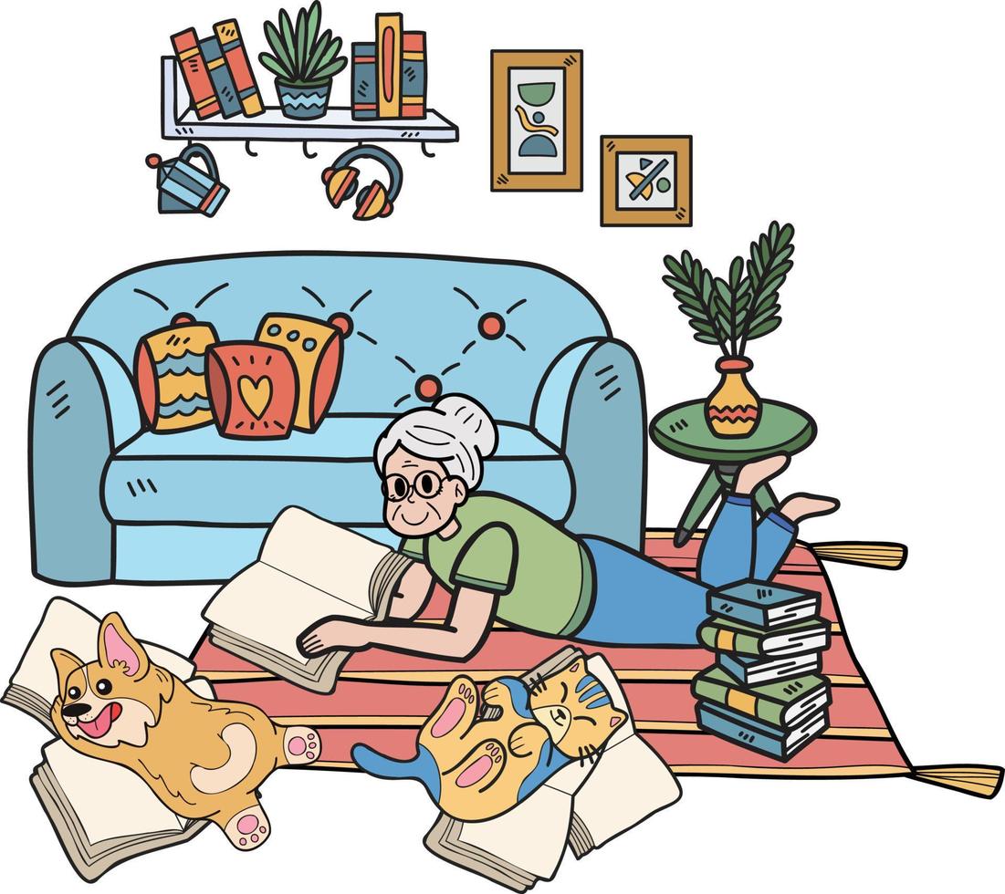 Hand Drawn Elderly reading books with dogs and cats illustration in doodle style vector