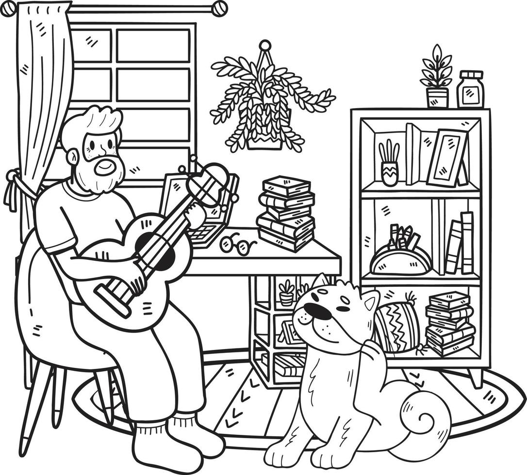 Hand Drawn Elderly playing guitar with dog illustration in doodle style vector