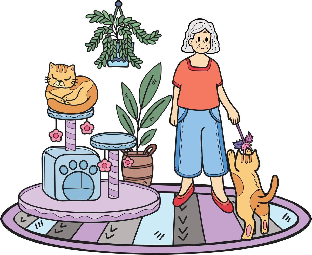 Hand Drawn Elderly play with cat illustration in doodle style vector