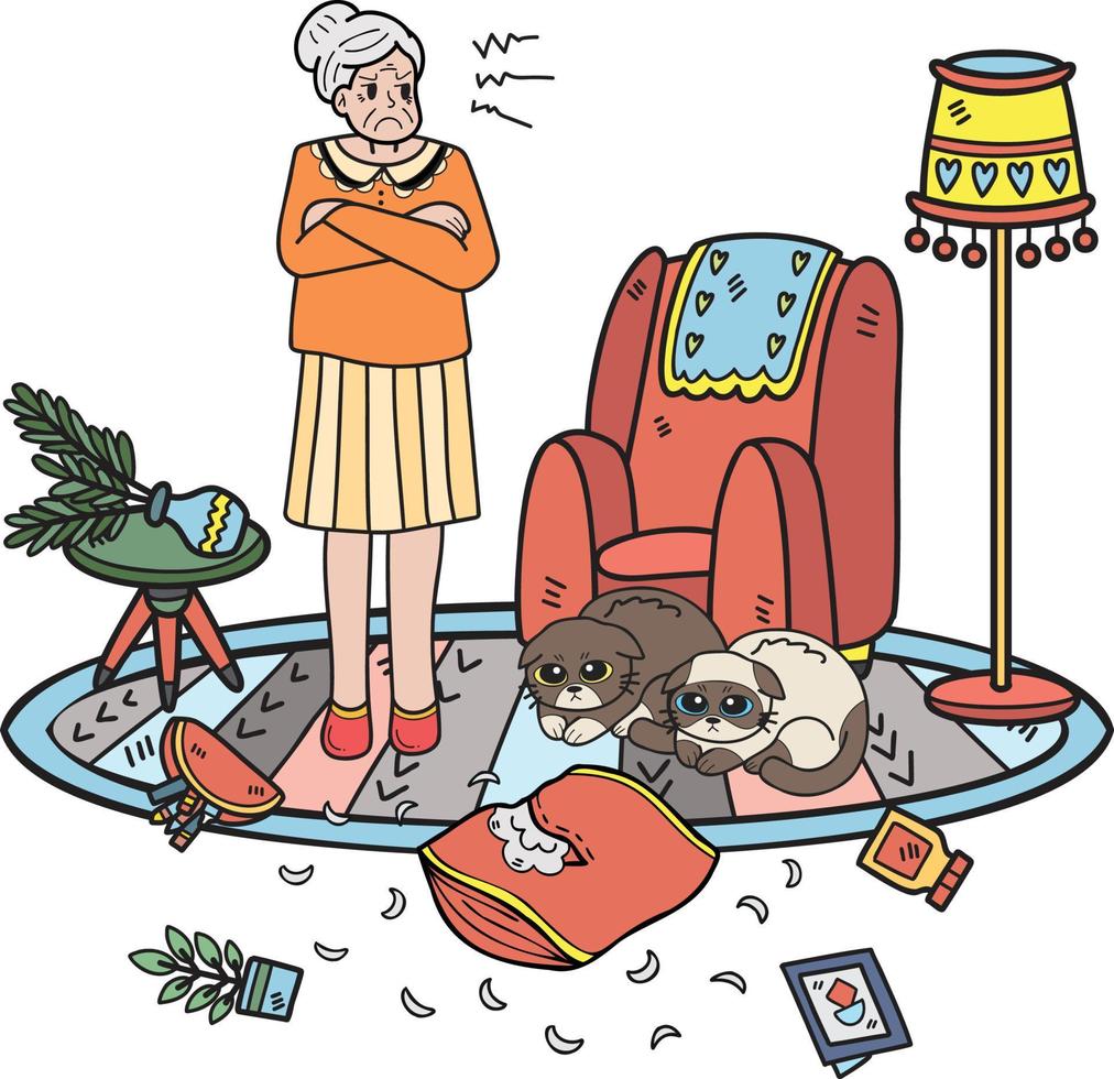 Hand Drawn Elderly scolded the cat illustration in doodle style vector