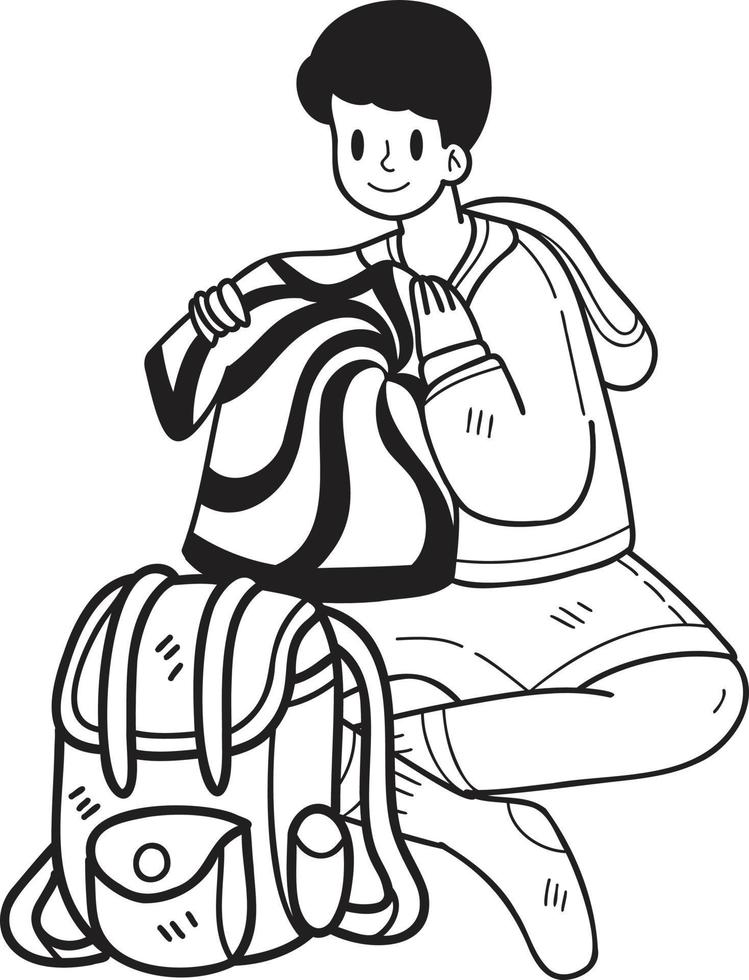 Hand Drawn tourists sitting and packing luggage illustration in doodle style vector