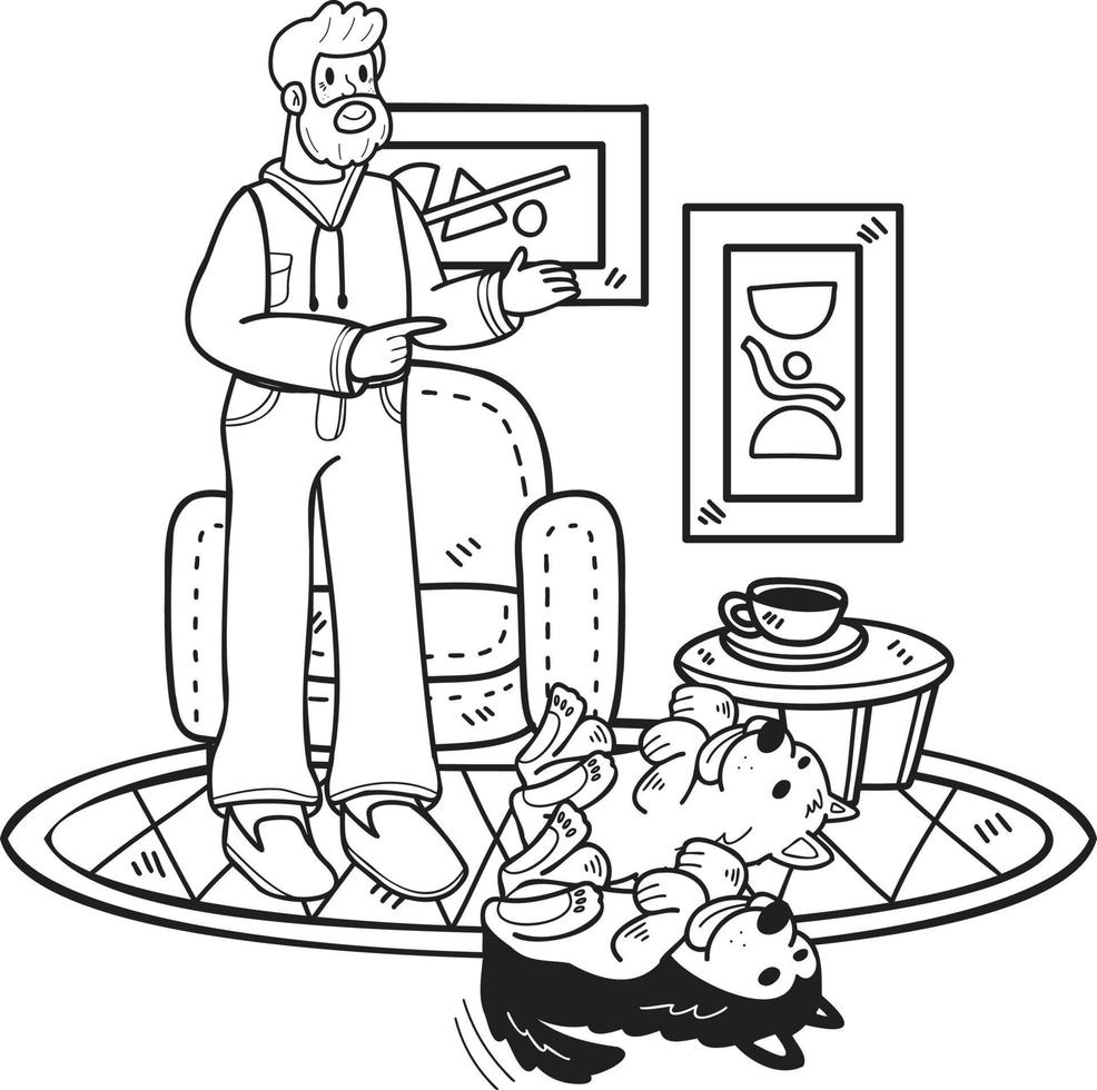 Hand Drawn Elderly man training a dog illustration in doodle style vector