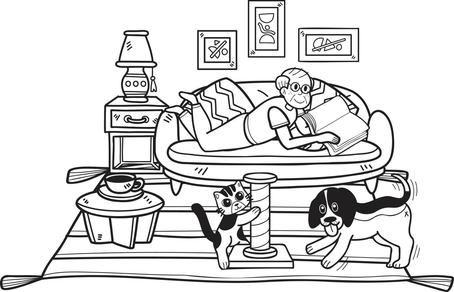 Hand Drawn Elderly reading books with dogs and cats illustration in doodle style vector