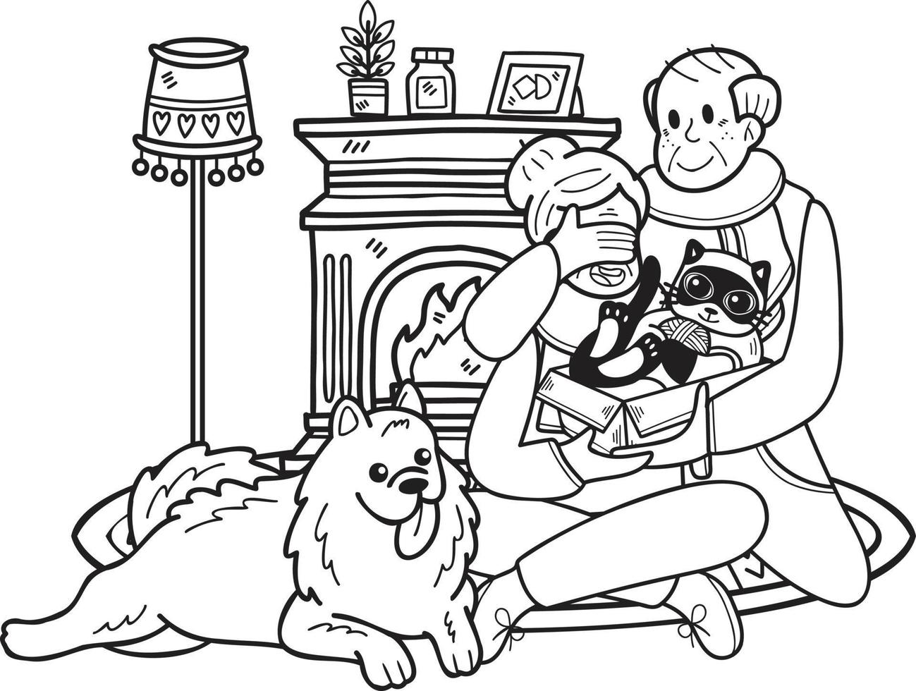 Hand Drawn Elderly play with dogs and cats illustration in doodle style vector