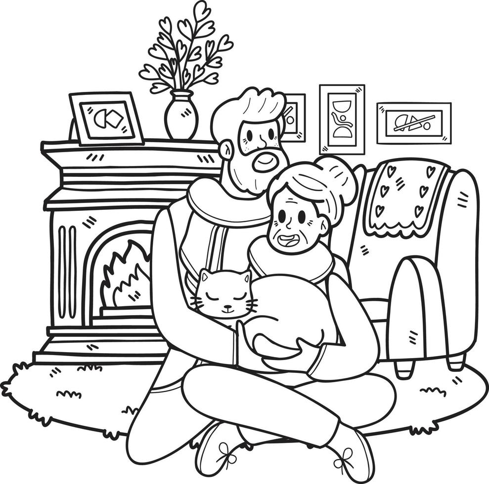 Hand Drawn Elderly holding a cat illustration in doodle style vector